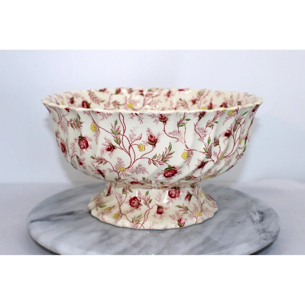 Spode England Rosebud Chintz Footed Punch Bowl Scalloped Floral Vintage 10 inch